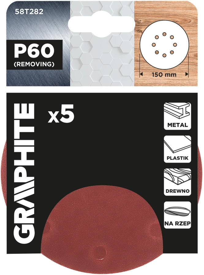 Krążki Šlifavimo diskai su lipdukais, 150 mm, P60, 5 vnt., su 8 skylėmis