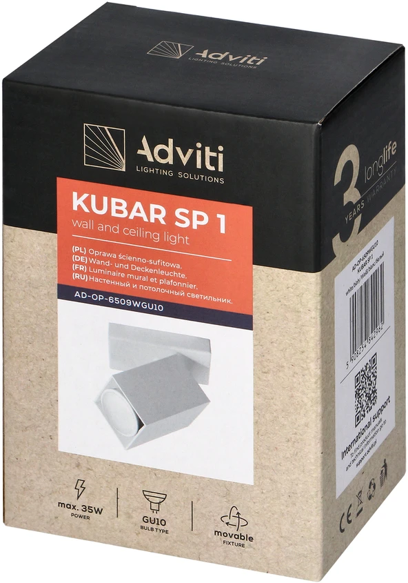 Orno KUBAR SP 1, sieninis-lubinis šviestuvas, GU10, IP20, baltas