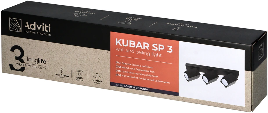 Orno KUBAR SP 3, sieninis-lubinis šviestuvas, 3xGU10, IP20, juodas