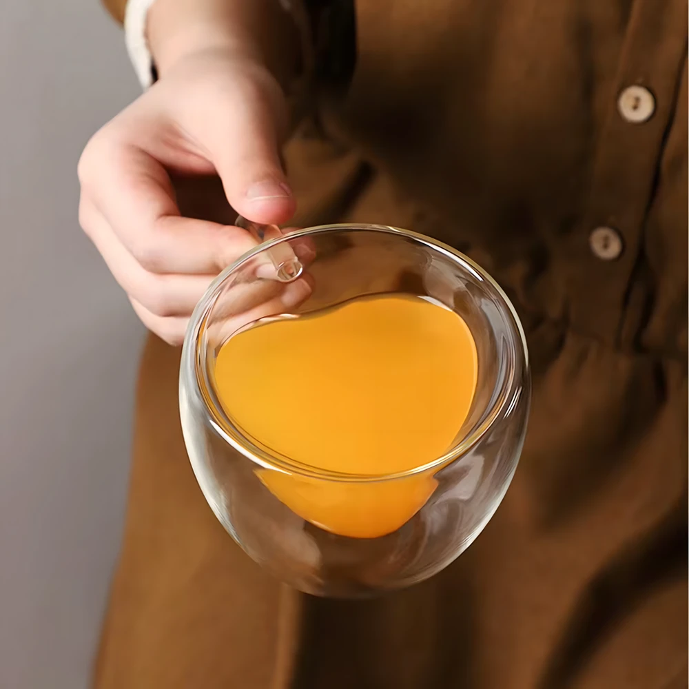 Kubek Puodelis Meilės puodelis širdies formos stiklinis dvigubas sienelis, atsparus karščiui, 250 ml
