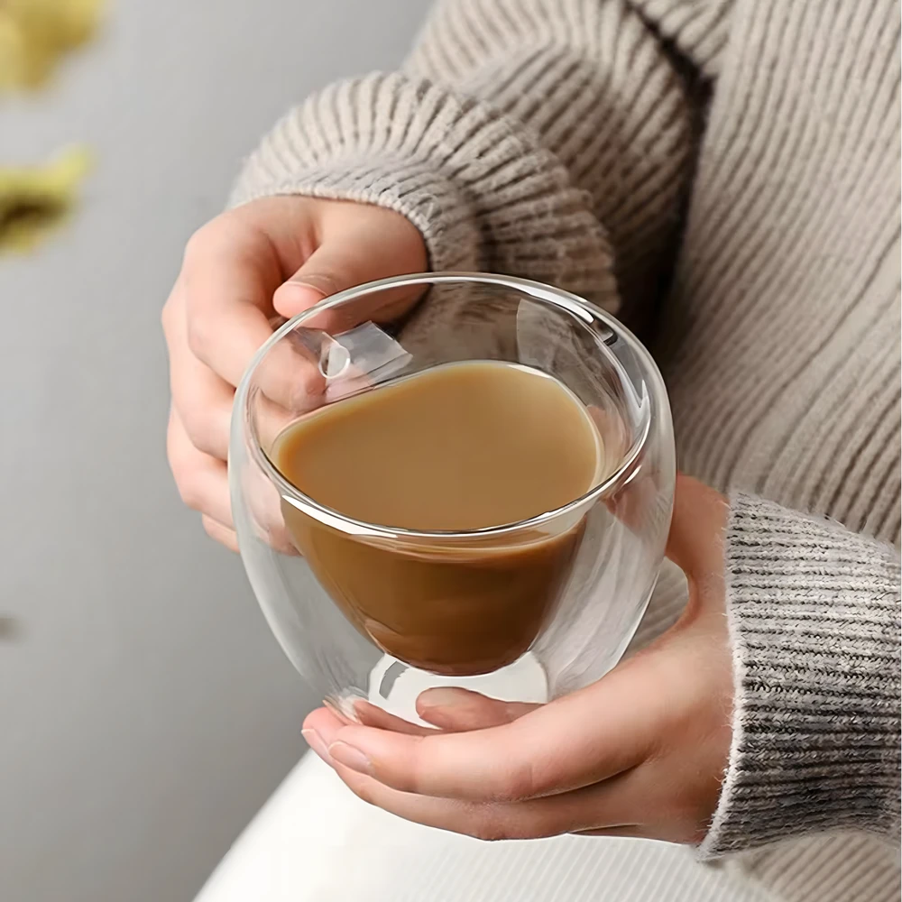 Kubek Puodelis Meilės puodelis širdies formos stiklinis dvigubas sienelis, atsparus karščiui, 250 ml