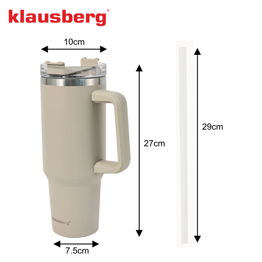 Puodelis Termosinis puodelis su šiaudeliu, smėlio spalvos, 1100 ml, nerūdijančio plieno, klausberg, kb-7944
