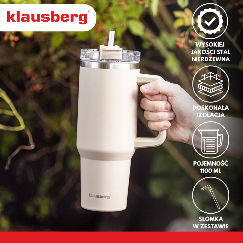 Puodelis Termosinis puodelis su šiaudeliu, smėlio spalvos, 1100 ml, nerūdijančio plieno, klausberg, kb-7944