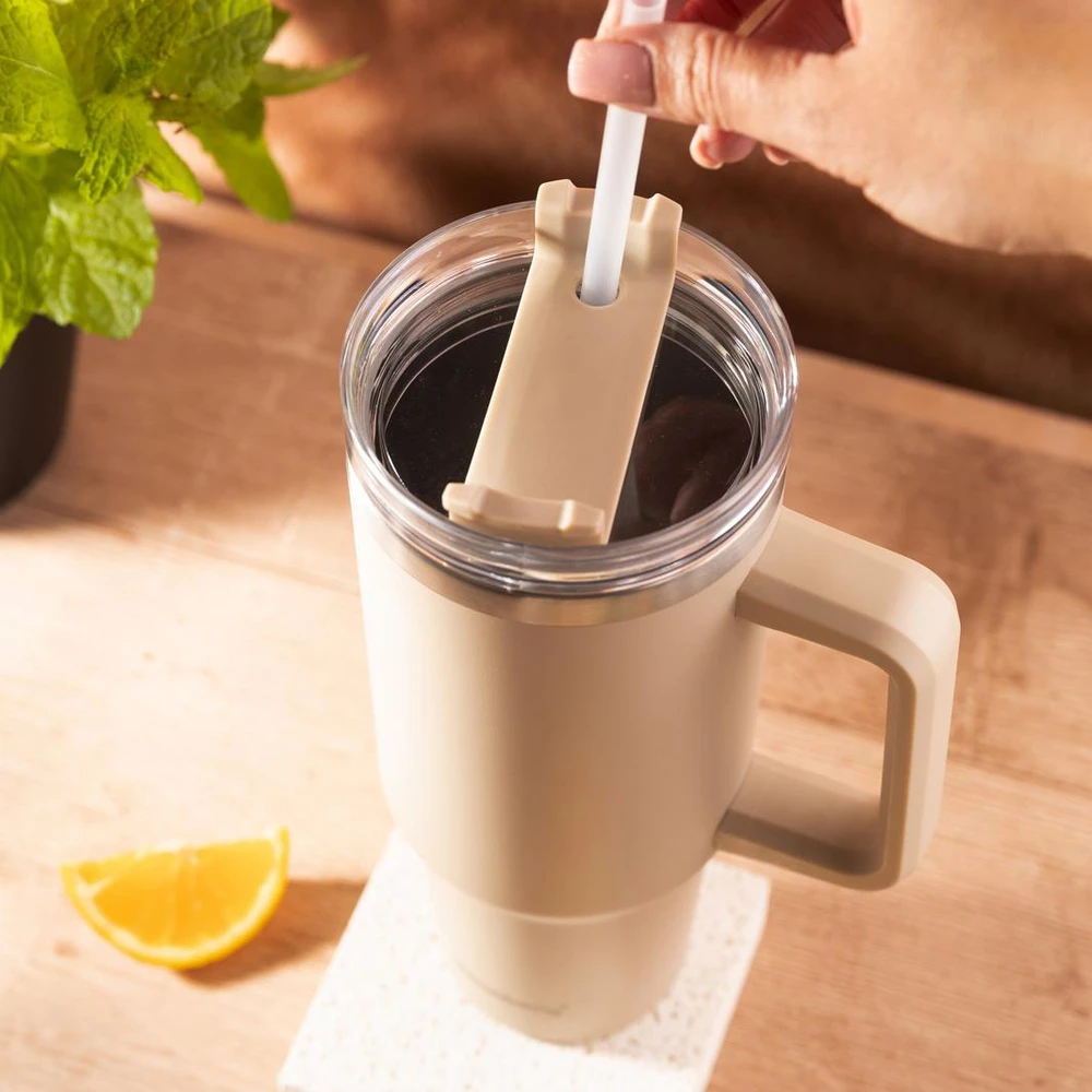 Puodelis Termosinis puodelis su šiaudeliu, smėlio spalvos, 1100 ml, nerūdijančio plieno, klausberg, kb-7944