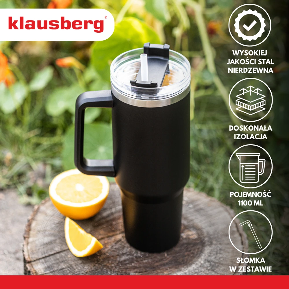 Puodelis Termospuodelis su šiaudeliu, juodas, 1100 ml, nerūdijančio plieno, Klausberg, kb-7942