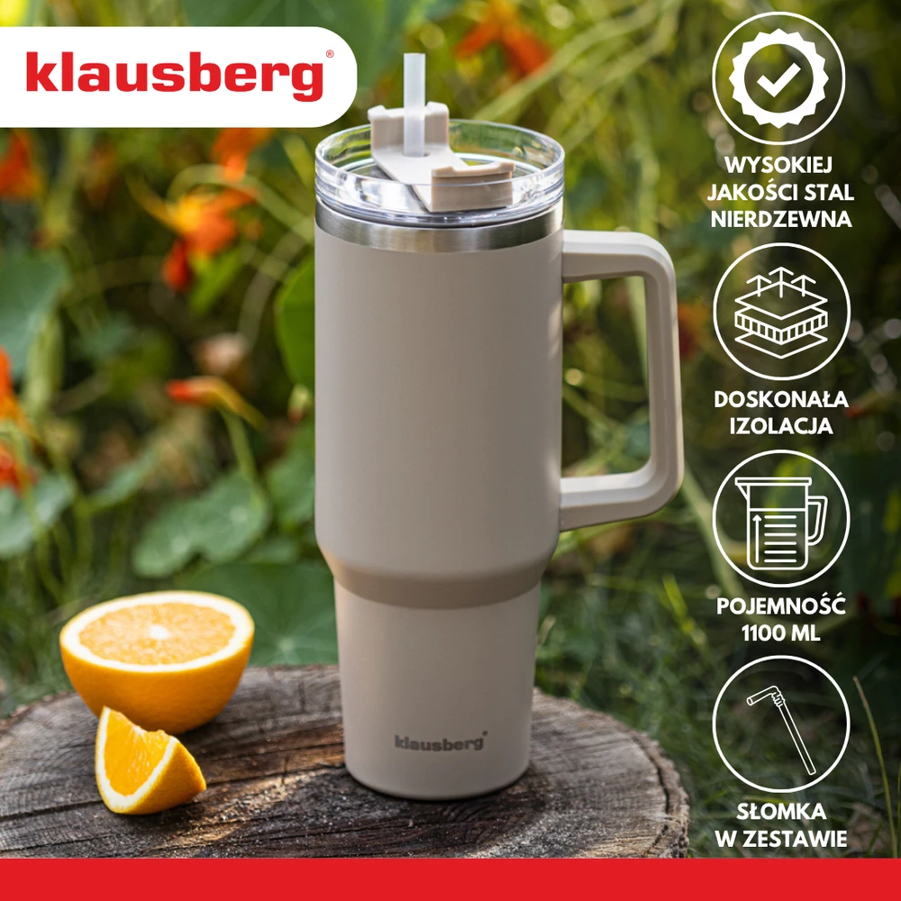 Puodelis Termospuodelis su šiaudeliu, pilkas, 1100 ml, nerūdijančio plieno, Klausberg, kb-7943