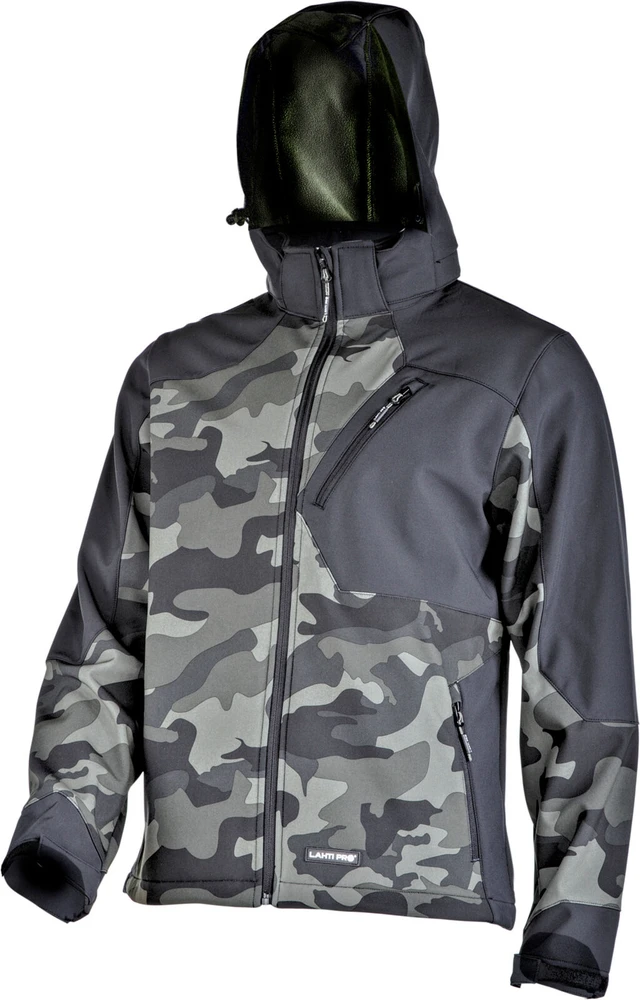 Lahti Pro Striukė Softshell striukė su gobtuvu, žaliai juodai maskuojanti, "XL", CE, Lahti