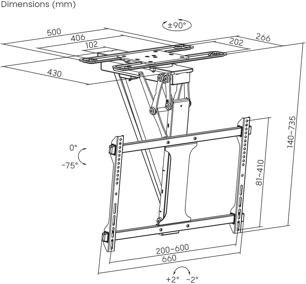 Maclean elektrinis lubų televizoriaus laikiklis, TUYA atrama, maks. VESA 600x400, 90-as pasukamas nuotolinio valdymo pultas, 32"-75", 35kg, MC-490