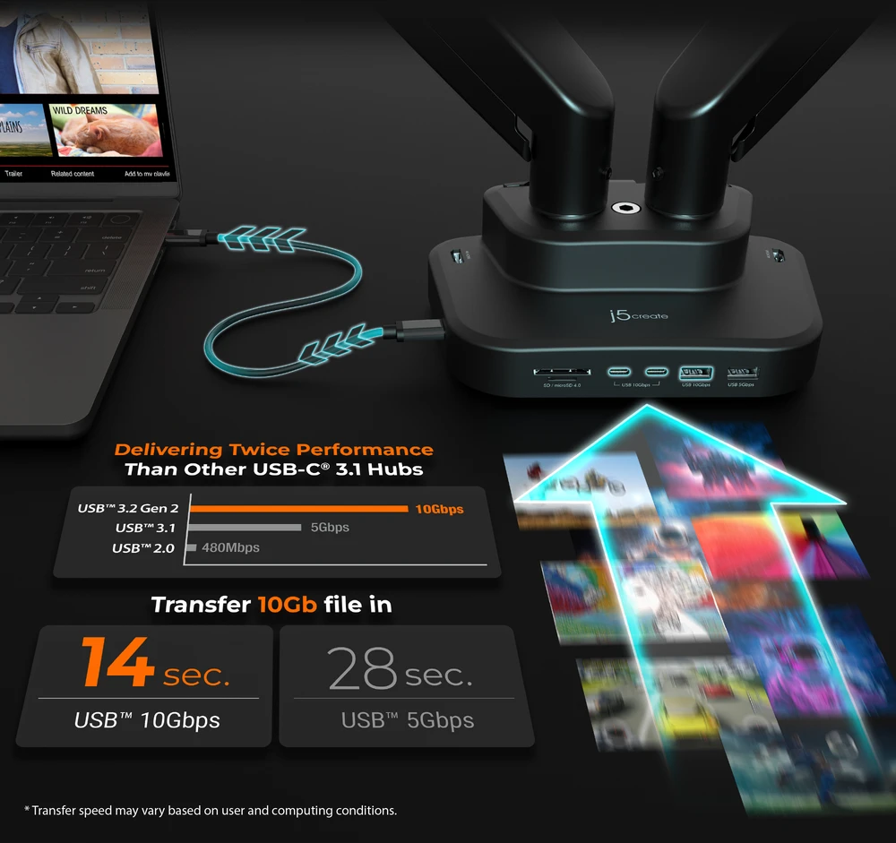 J5create – ergonomiškas dviejų monitorių laikiklis su prijungimo stotele