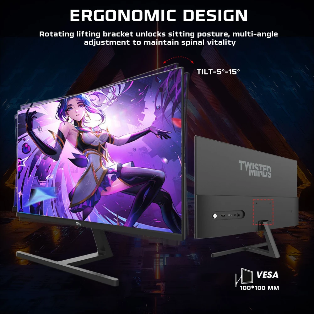 „Twisted Minds“ – „Blaze“ serijos plokščias 27 colių FHD – 180 Hz 0,5 ms greitas IPS HDMI 2.1 žaidimų monitorius, juodas