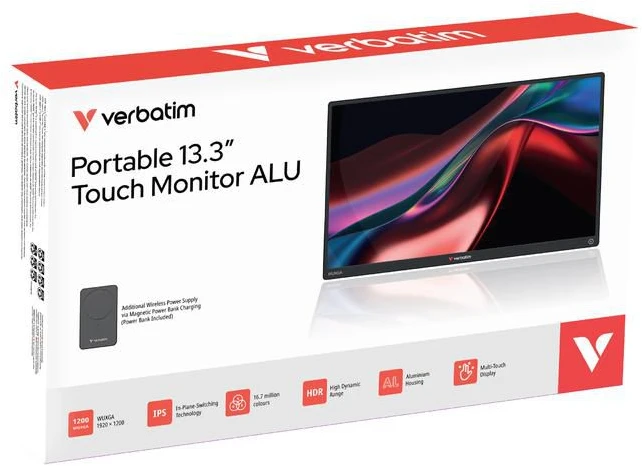 Laikiklis „Verbatim“ – nešiojamas 13,3 colio WUXGA jutiklinis monitorius su belaidžiu maitinimo šaltiniu, įskaitant 5000 mAh išorinę bateriją