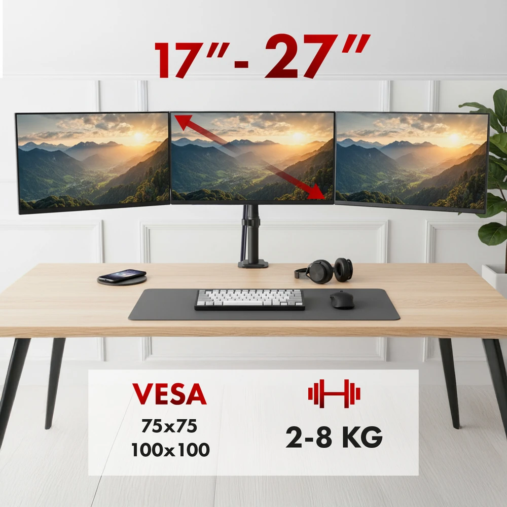 Laikiklis Maclean 3 monitorius mount, gas spring, 17"-27", 2-8kg, juodas, MC-137