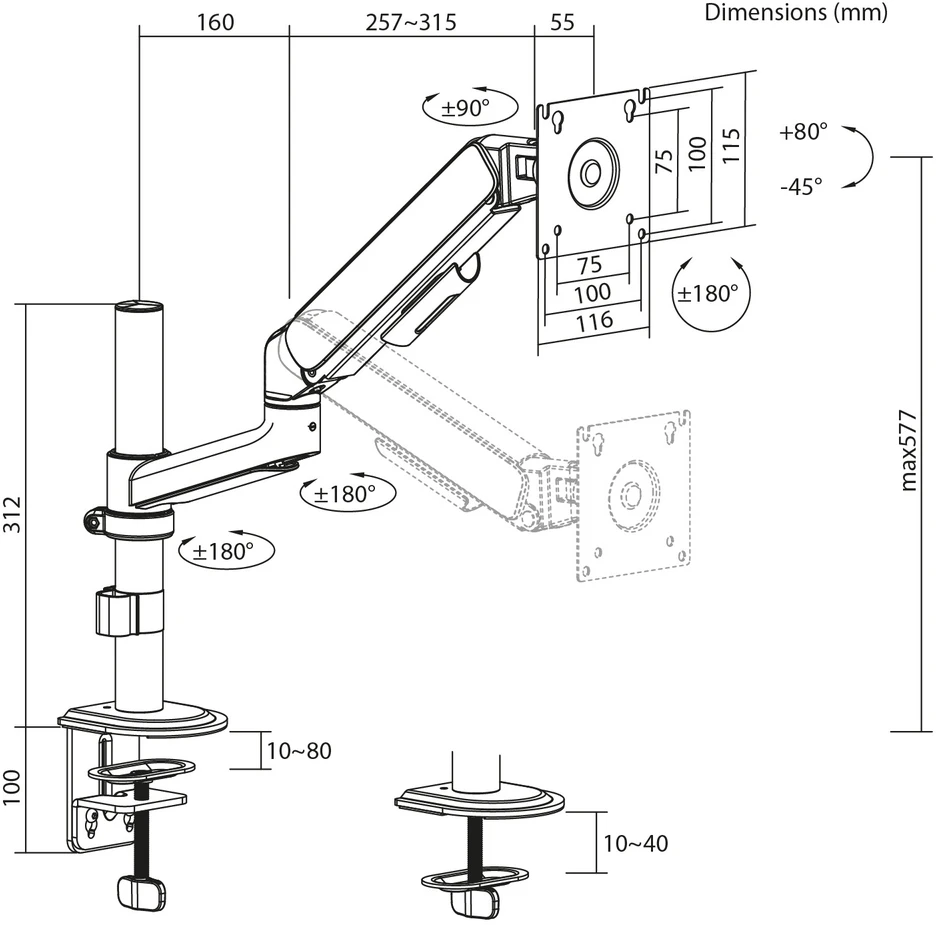 Laikiklis „Ergo Office“ monitoriaus laikiklis/pakabiklis, dujinė spyruoklė, 17"-32", 1-10 kg, matinės juodos spalvos, maks. VESA 100x100, ER-691 B