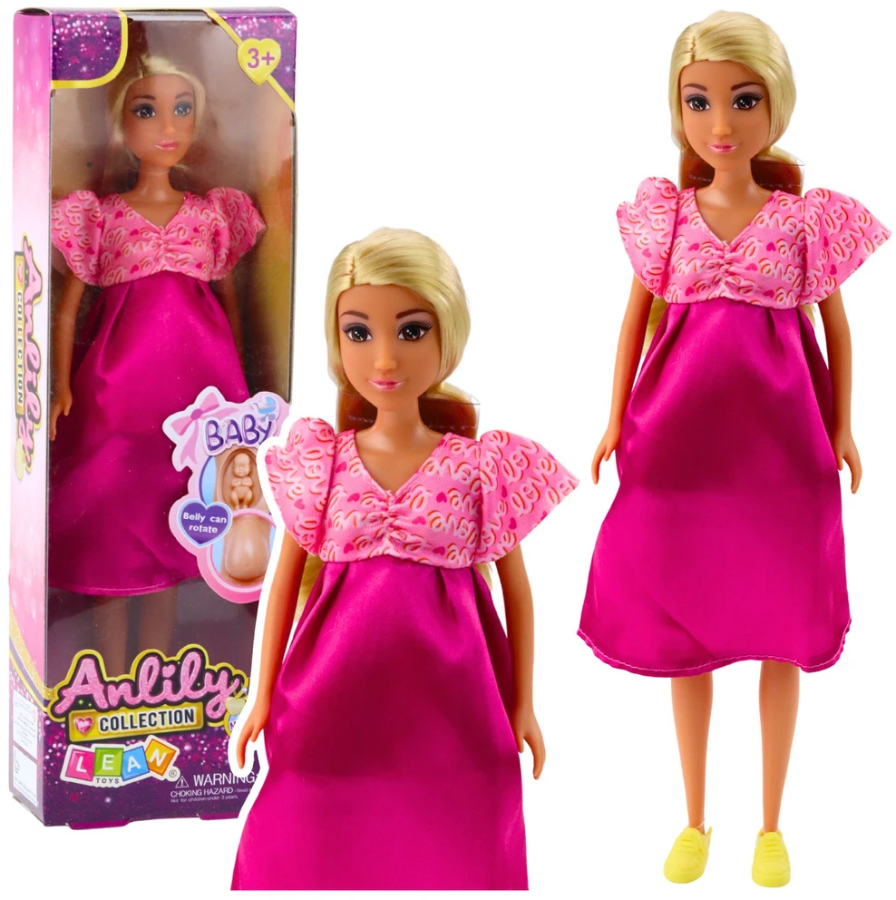 Lean Toys Lėlė Anlily nėščia su rožine suknele ir ilga blondine plaukais