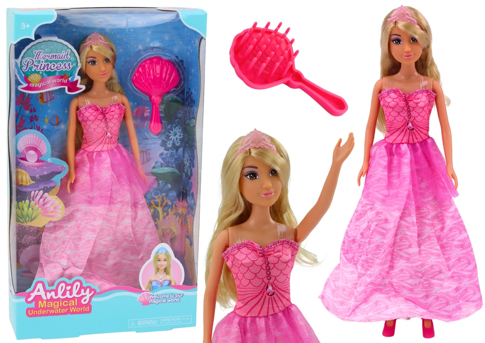 Lean Toys Anlily undinėlė princesė lėlė su rožine suknele ir šepečiu