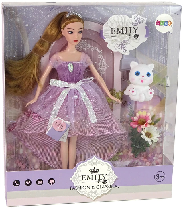 Lean Toys Lėlė Emily su ilgesniais plaukais ir baltu katinu