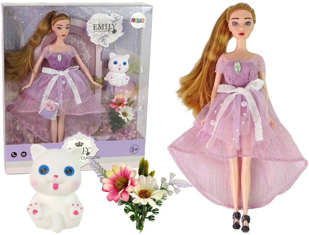 Lean Toys Lėlė Emily su ilgesniais plaukais ir baltu katinu