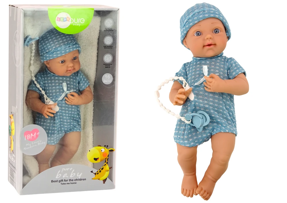 Lean Toys Lėlė kūdikis mėlynais rūbeliais su kepuraite, žindukliu ir antklode