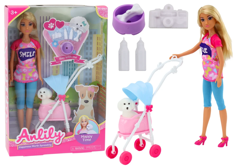 Lean Toys Anlily lėlė su vežimėliu ir šunimi