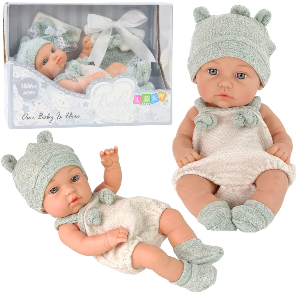 Lean Toys Lėlė kūdikis 18 cm su baltu bodžiu ir pilkais elementais