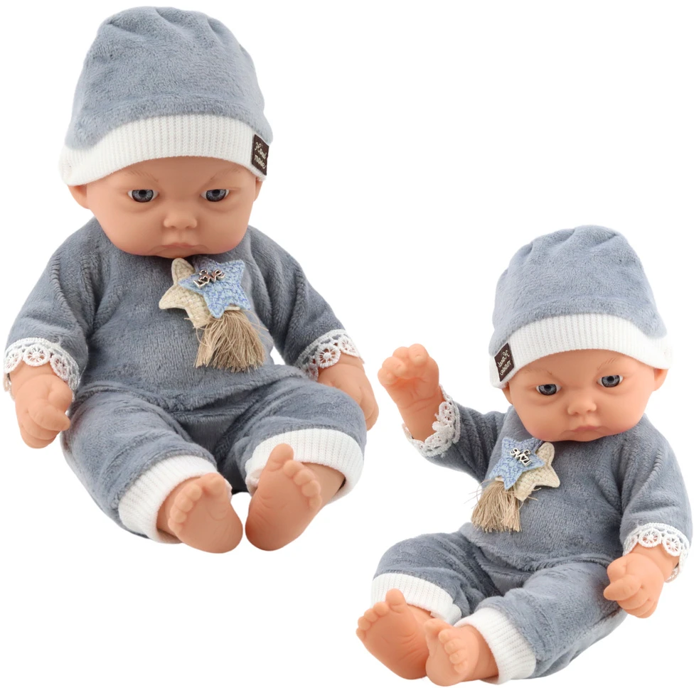 Lean Toys Lėlė kūdikis su pilka pižama ir kepuryte 24 cm