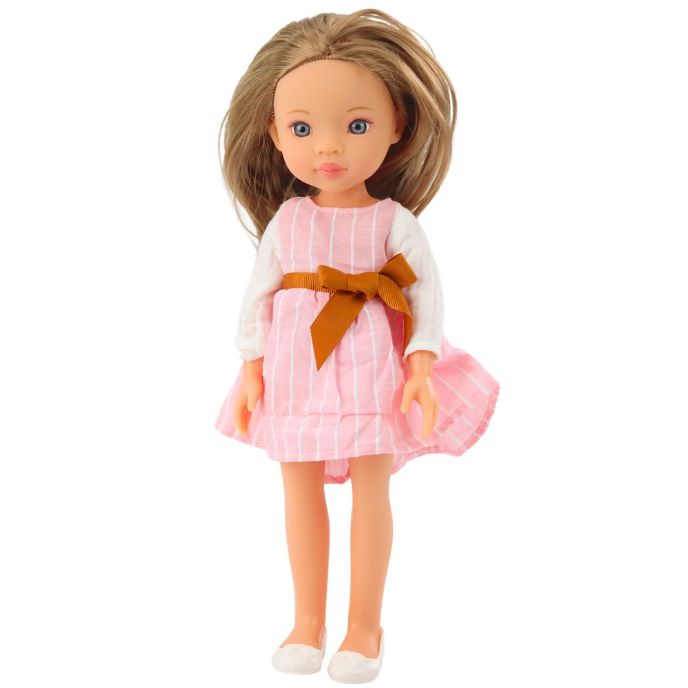 Lean Toys Lėlė su rausva suknele ir kaspinu, ilgi rudi plaukai