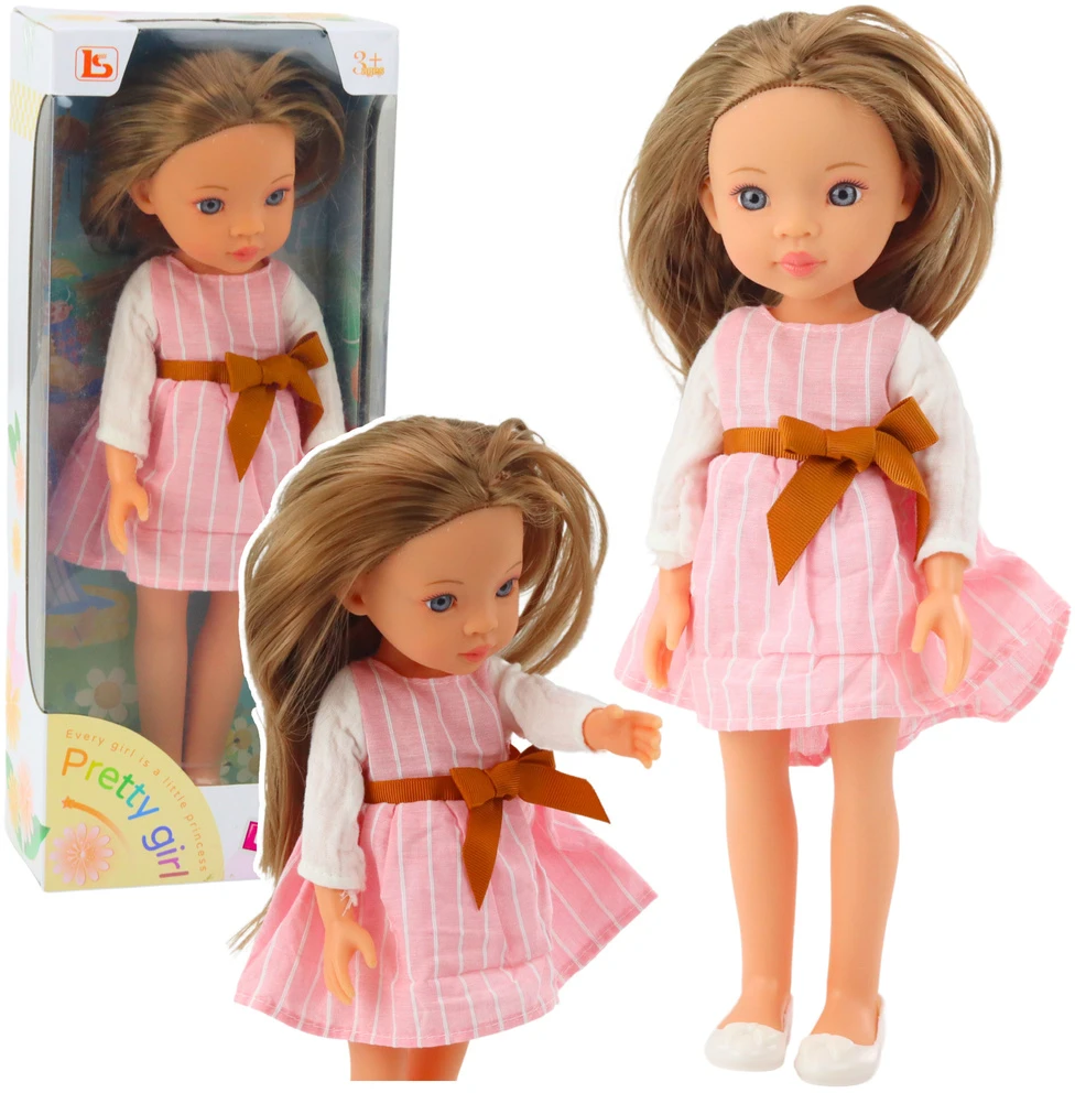 Lean Toys Lėlė su rausva suknele ir kaspinu, ilgi rudi plaukai