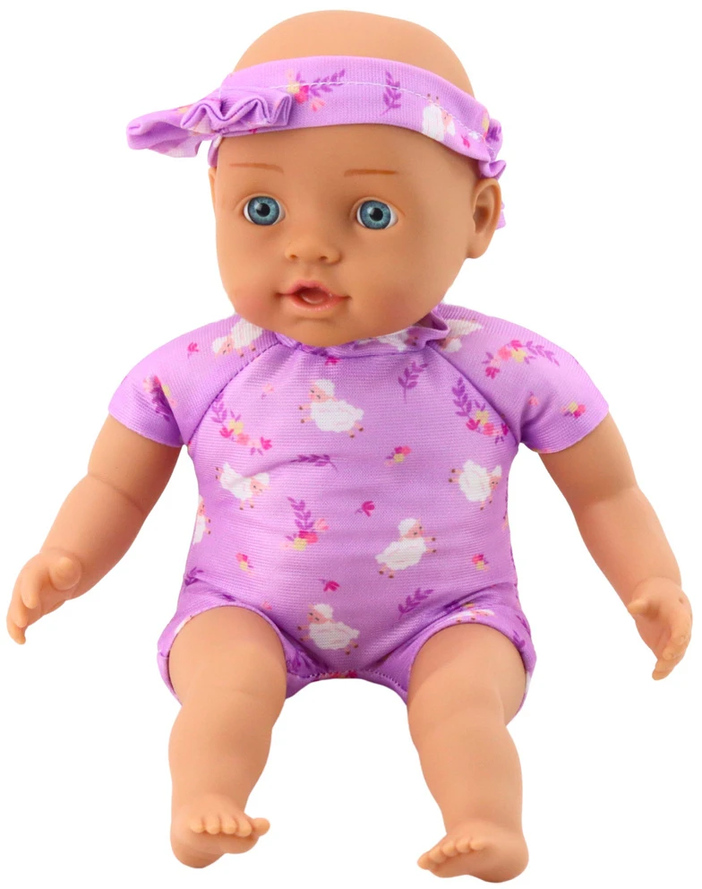 Lean Toys Lėlė kūdikis su violetiniu drabužėliu ir galvos juostele, 31 cm