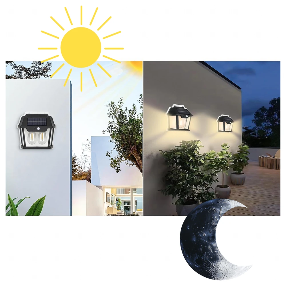 Lampa Dviguba saulės energija varoma LED sieninė sodo lempa su judesio jutikliu