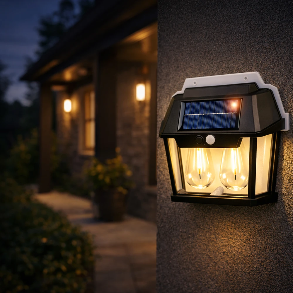 Lampa Dviguba saulės energija varoma LED sieninė sodo lempa su judesio jutikliu