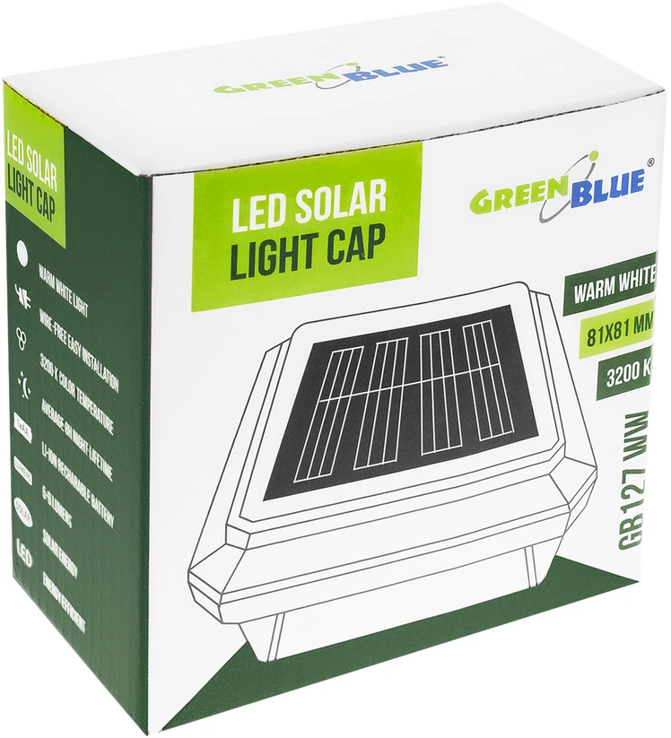 „GreenBlue“ saulės energija varomas LED stulpinis šviestuvas, 80x80 mm, voko formos stogelis, 3200 K, GB127 WW