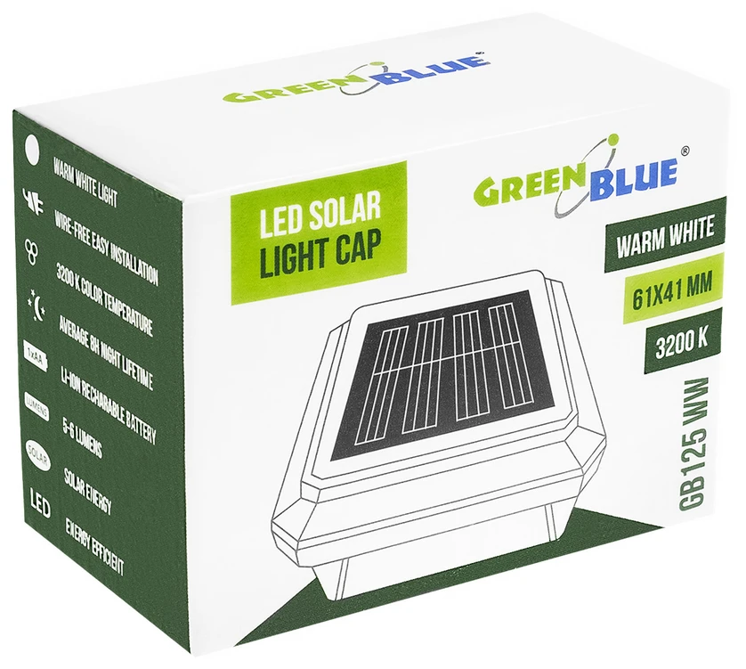 „GreenBlue“ saulės energija varomas LED stulpas, 60x40 mm, voko formos gaubtas, 3200 K, GB125 WW