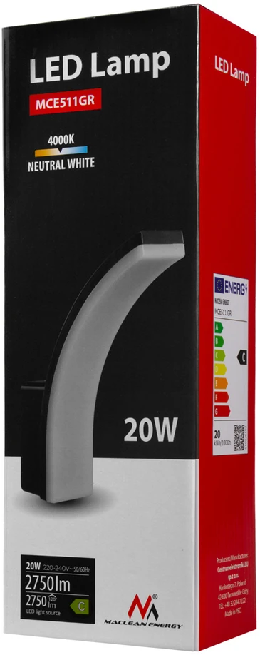 Sieninis šviestuvas Lampa LED Maclean,spalva pilka, 20W, IP65, 2750lm, barwa neutralna balta (4000K) MCE511 GR
