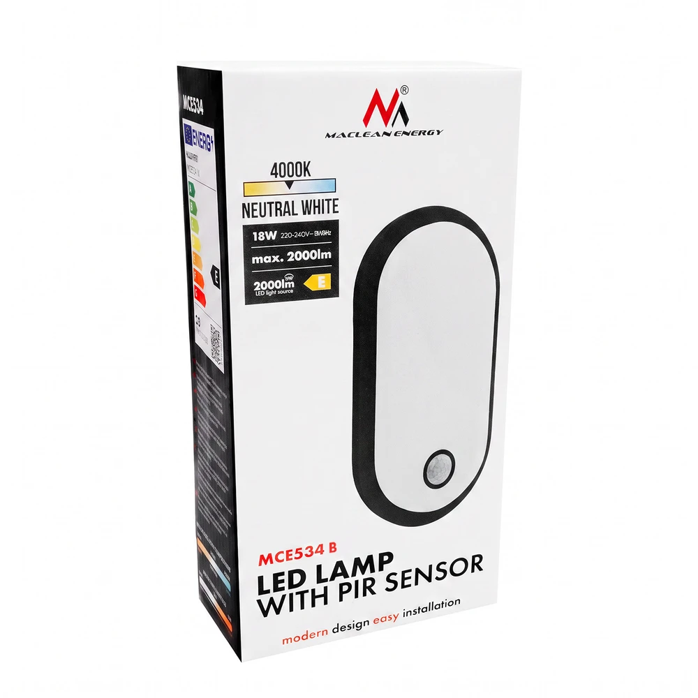 Lampa LED su judesio jutikliu Maclean, PIR jutiklis, juoda, 10W/15/18W, IP65, galimybė keisti spalvą 3000/4000/6000K, MCE534 B