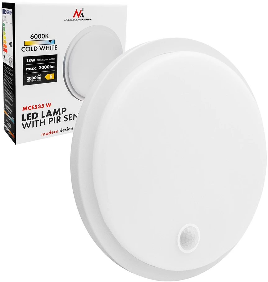 LED lempa su judesio jutikliu Maclean, PIR jutiklis, balta, 10W/15/18W, IP65, galimybė keisti šviesos spalvą 3000/4000/6000K, MCE535 W