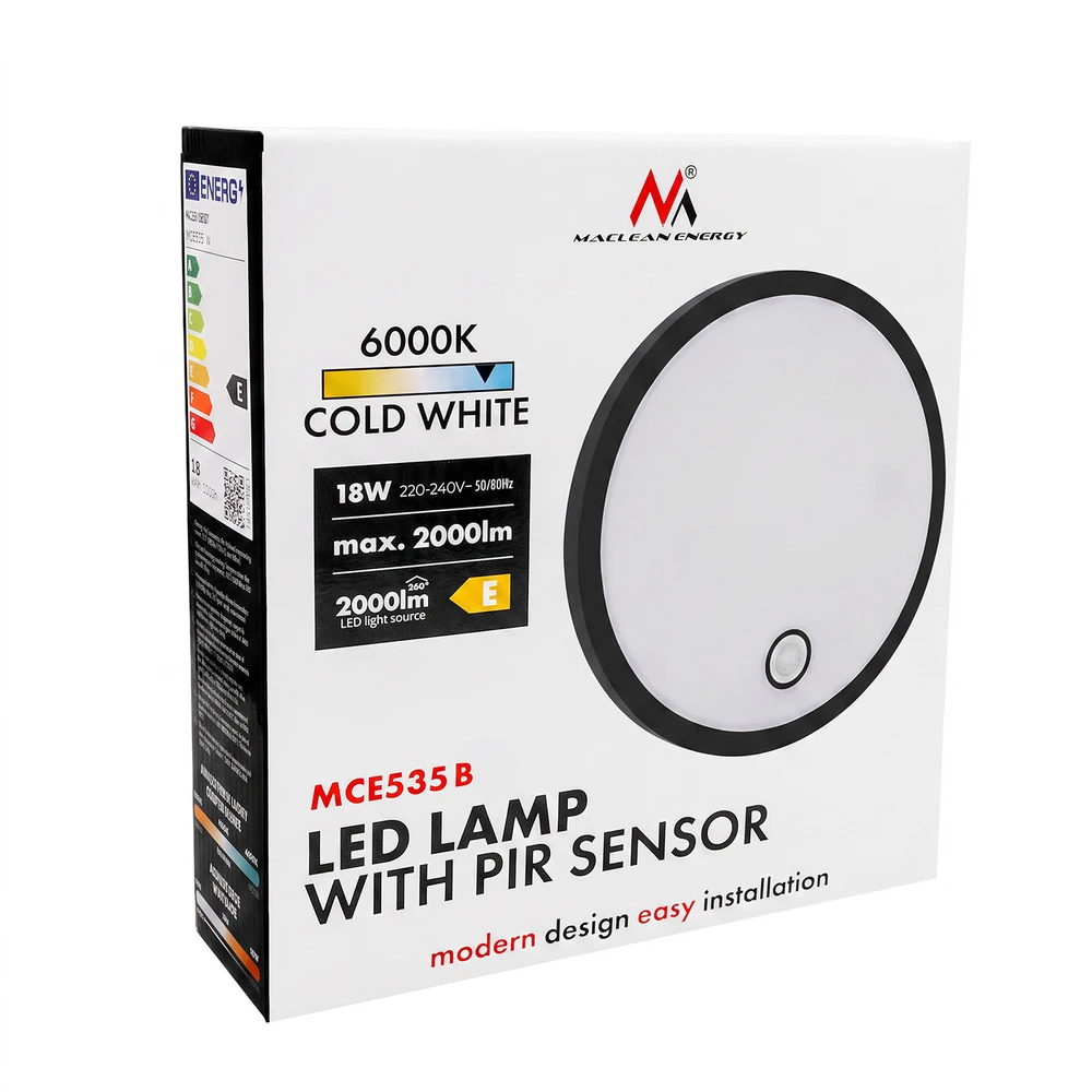Lampa LED su judesio jutikliu Maclean, PIR jutiklis, juoda, 10W/15/18W, IP65, galimybė keisti spalvą 3000/4000/6000K, MCE535 B