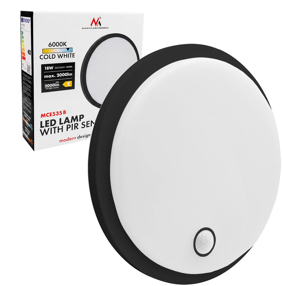 Lampa LED su judesio jutikliu Maclean, PIR jutiklis, juoda, 10W/15/18W, IP65, galimybė keisti spalvą 3000/4000/6000K, MCE535 B