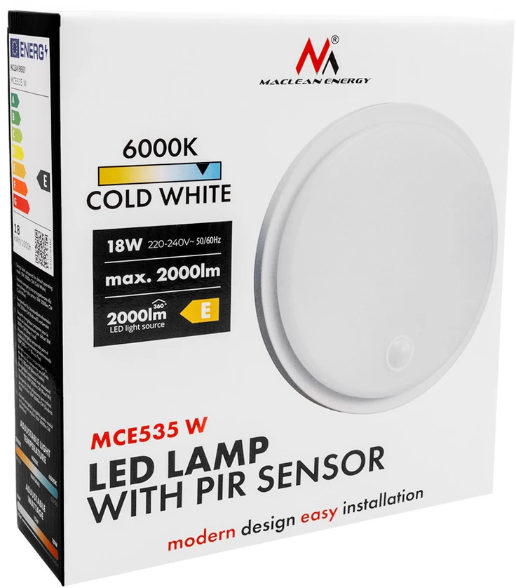 LED lempa su judesio jutikliu Maclean, PIR jutiklis, balta, 10W/15/18W, IP65, galimybė keisti šviesos spalvą 3000/4000/6000K, MCE535 W