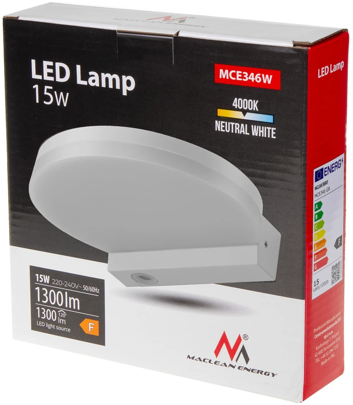Sieninis šviestuvas Lampa „Maclean“ LED lempa, balta, 15 W, IP65, 1300 lm, neutrali balta (4000 K) MCE346 W