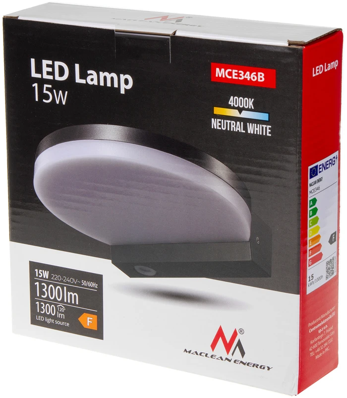 Sieninis šviestuvas Lampa Maclean LED lempa, juoda, 15W, IP65, 1300lm, neutrali balta (4000K) MCE346 B
