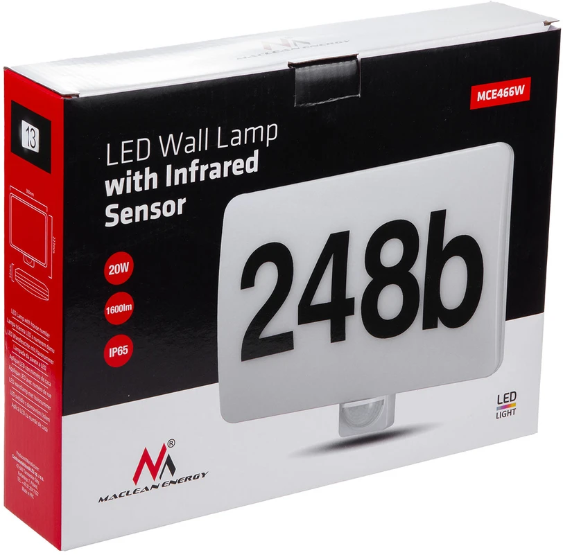 Lampa „Maclean“ LED lempa, namo numerio indikatorius, prieblandos ir judesio jutiklis, reguliuojamo ryškumo, 20 W, IP65, neutrali spalva (4000 K), 1600 lm, MCE466 W