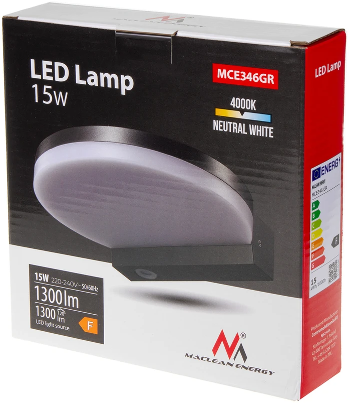 Sieninis šviestuvas Lampa „Maclean“ LED lempa, pilka, 15 W, IP65, 1300 lm, neutrali balta (4000 K) MCE346 GR