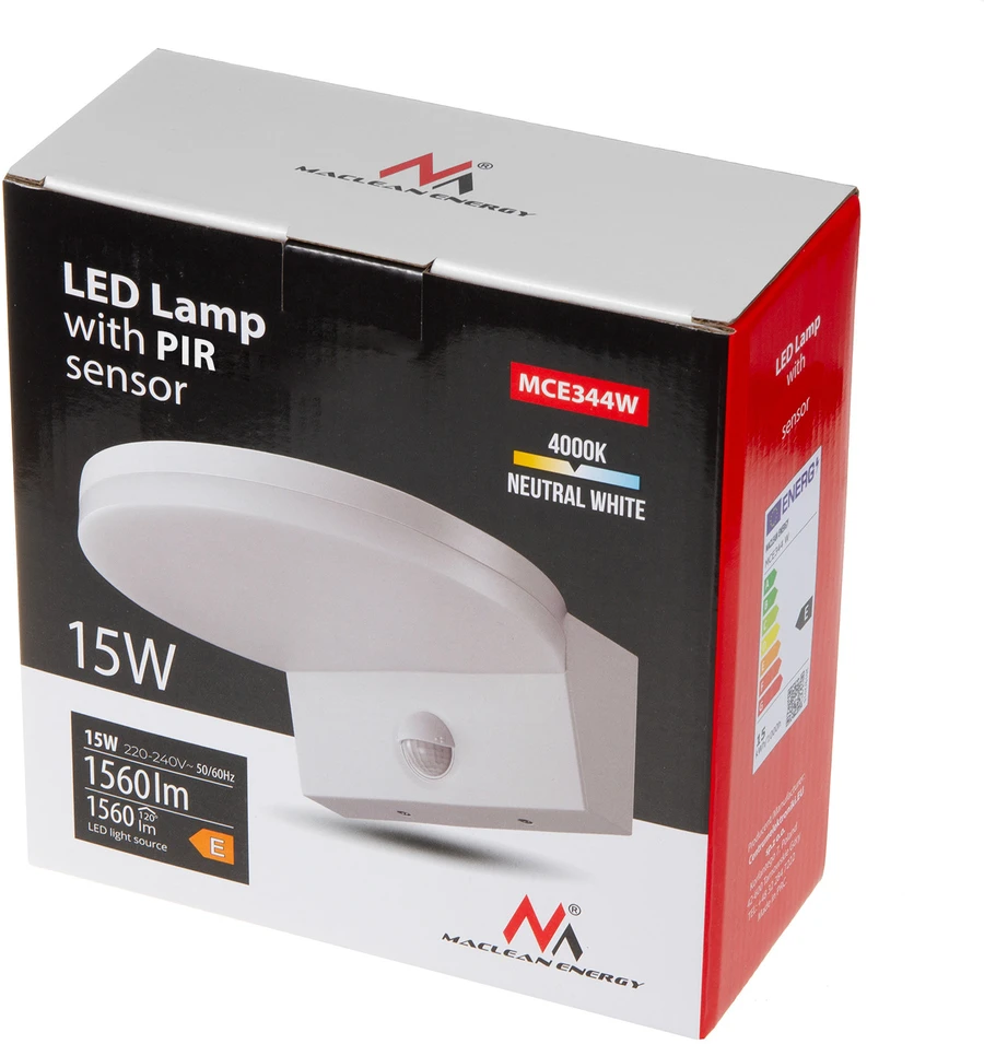 Lampa „Maclean“ LED šviestuvas su judesio jutikliu, PIR judesio jutikliu, baltas, 15 W, IP65, 1560 lm, neutrali balta (4000 K) MCE344 W