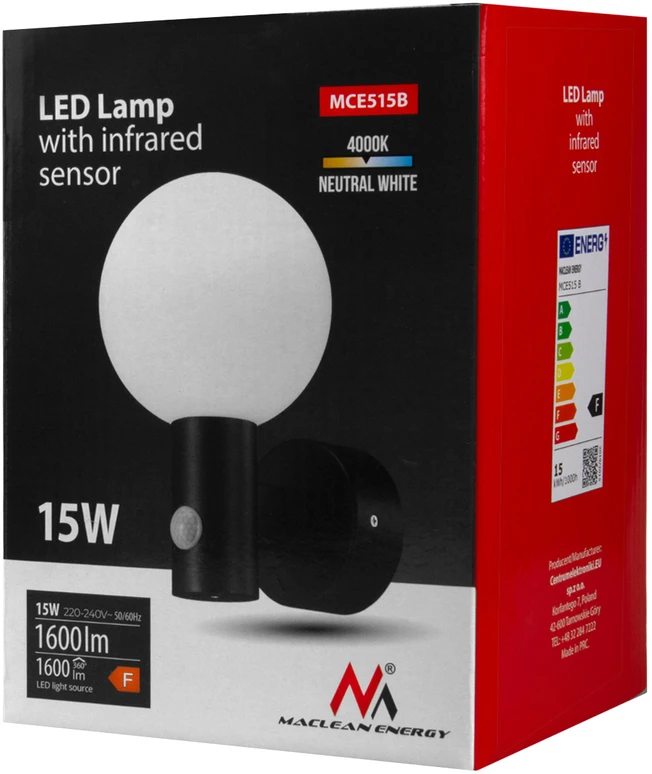 Maclean LED lempa su judesio jutikliu, PIR judesio jutiklis, juoda, 15W, IP65, 1600lm, neutrali balta spalva (4000K) MCE515 B