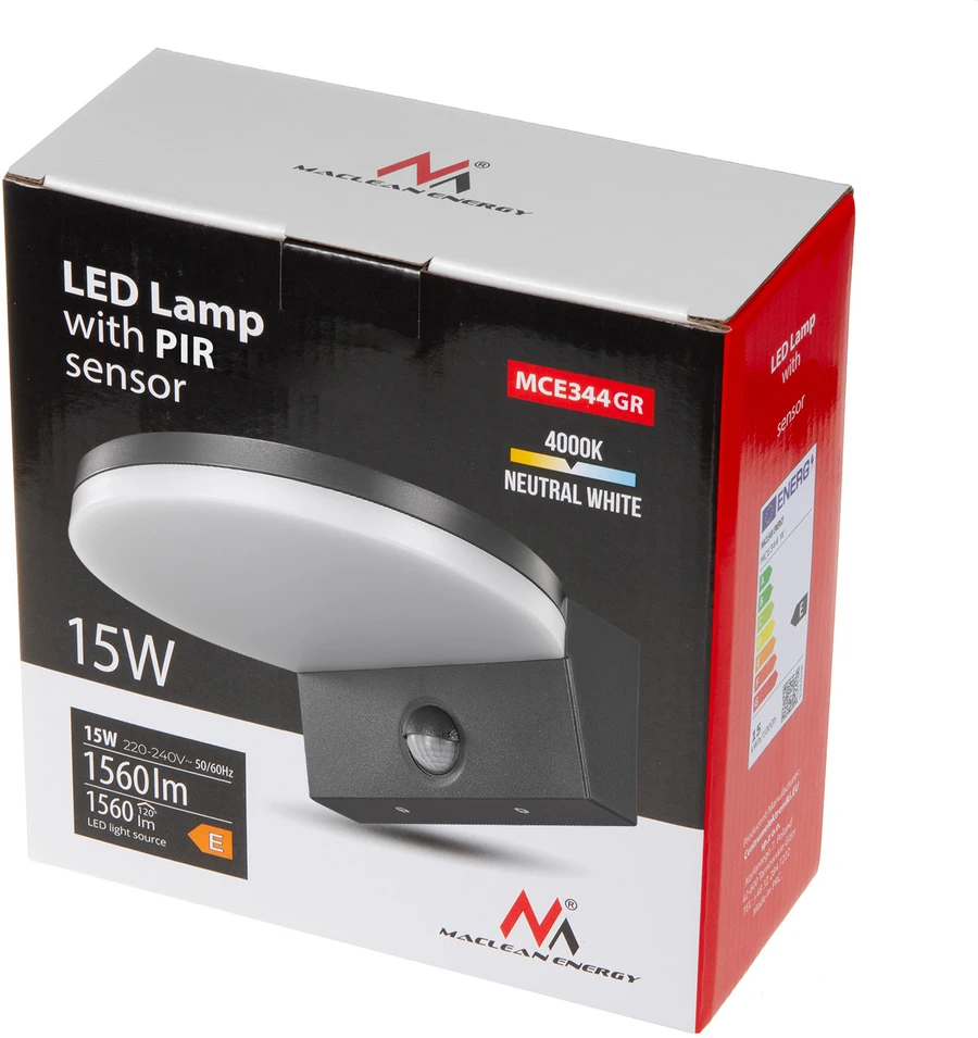 Lubinis šviestuvas Lampa „Maclean“ LED šviestuvas su judesio jutikliu, PIR judesio jutiklis, pilkas, 15 W, IP65, 1560 lm, neutrali balta (4000 K) MCE344 GR