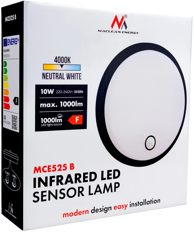 Maclean LED šviestuvas su judesio jutikliu, PIR jutikliu, juodas, 10W, IP65, 1000lm, neutrali spalva, MCE525 B