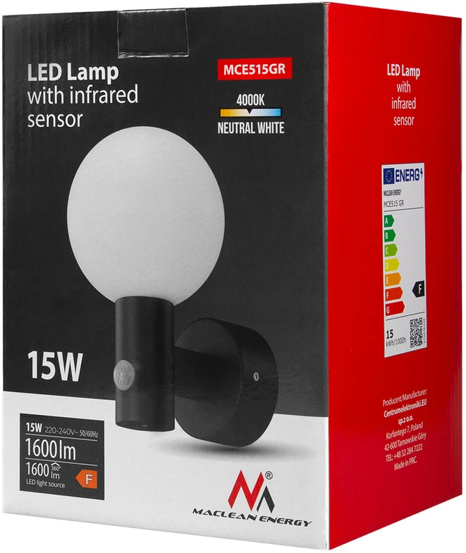 Maclean LED lempa su judesio jutikliu, PIR judesio jutiklis, pilka spalva, 15W, IP65, 1600lm, neutrali balta spalva (4000K) MCE5