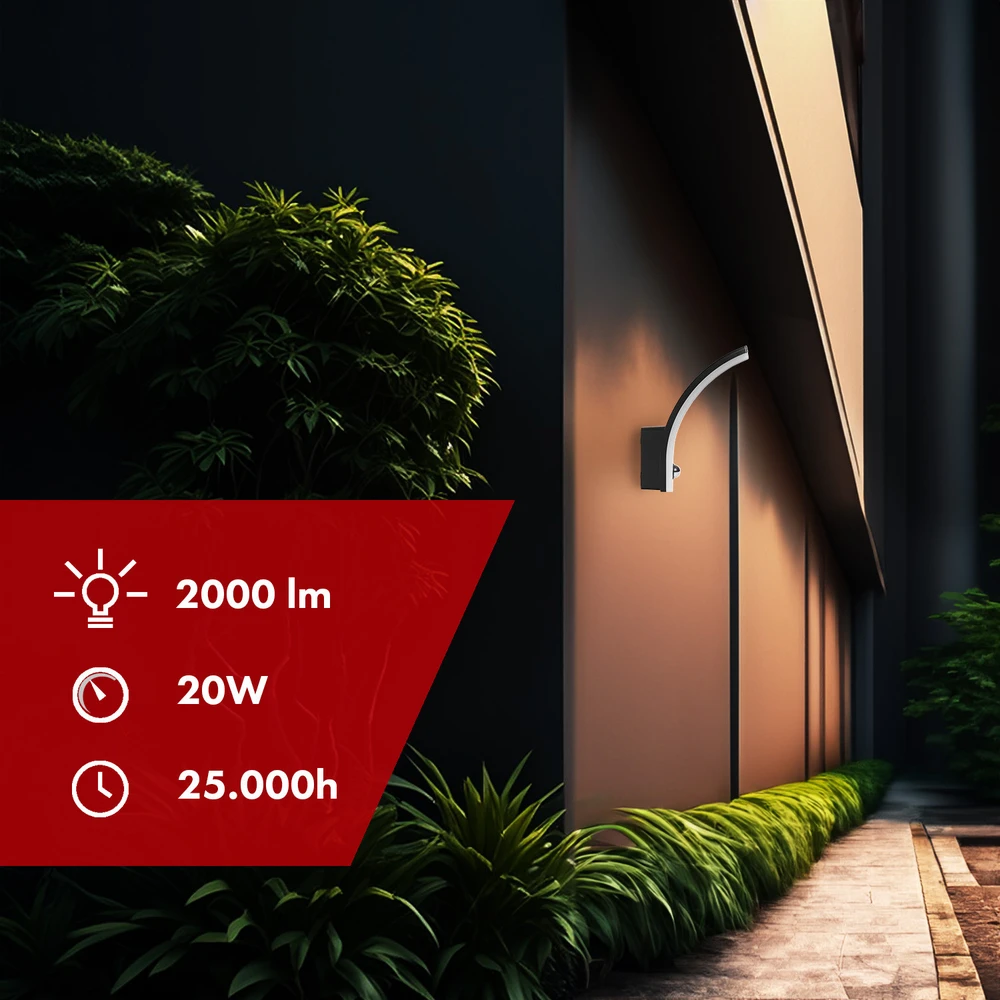 Lampa „Maclean“ LED šviestuvas su judesio jutikliu, PIR judesio jutikliu, juodas, 20 W, IP65, 2000 lm, neutrali balta (4000 K) MCE512 B