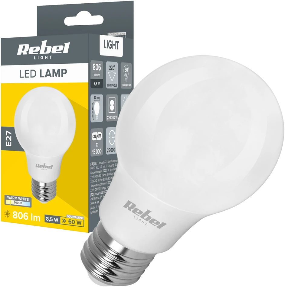 Rebel A60 8.5W LED lempa, 3000K, 230V