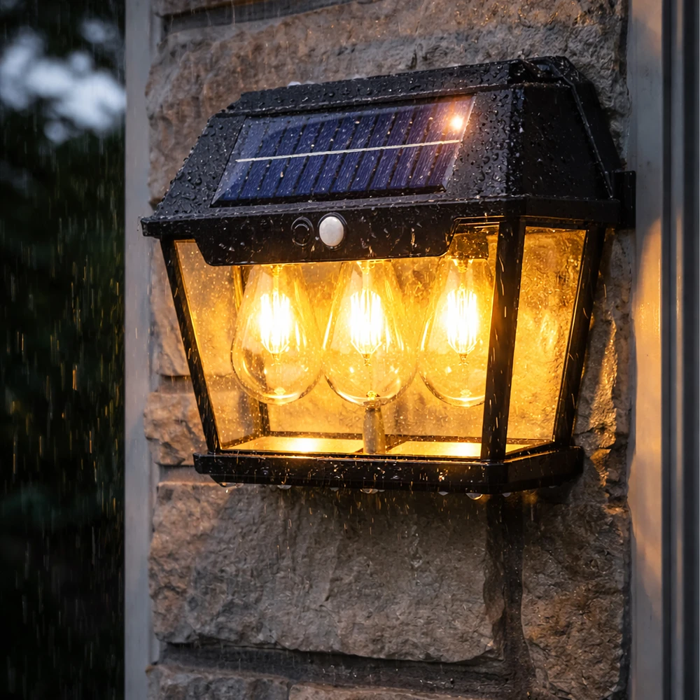 Lampa Triguba saulės energija varoma LED sodo sieninė lempa su judesio jutikliu